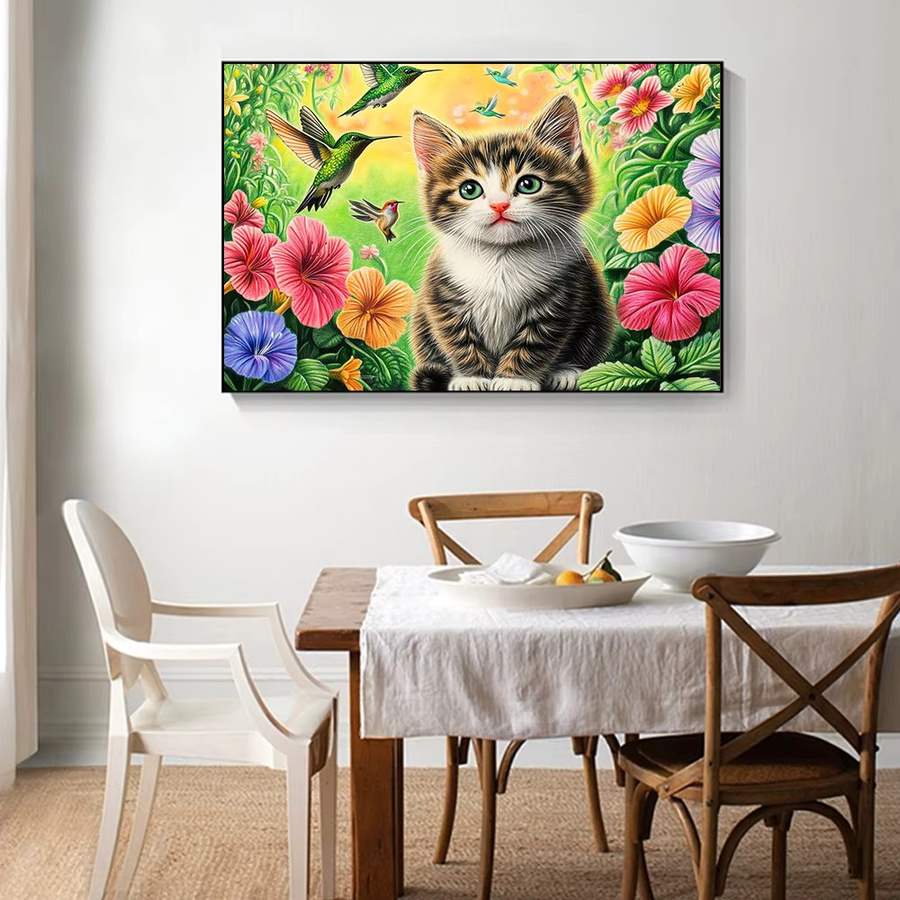 Huacan Diamantmalerei mit Katzen, Vögeln und Blumen als Strassstein-Bild in Multicolour, B/H: 20 x 30 cm - Bild 3