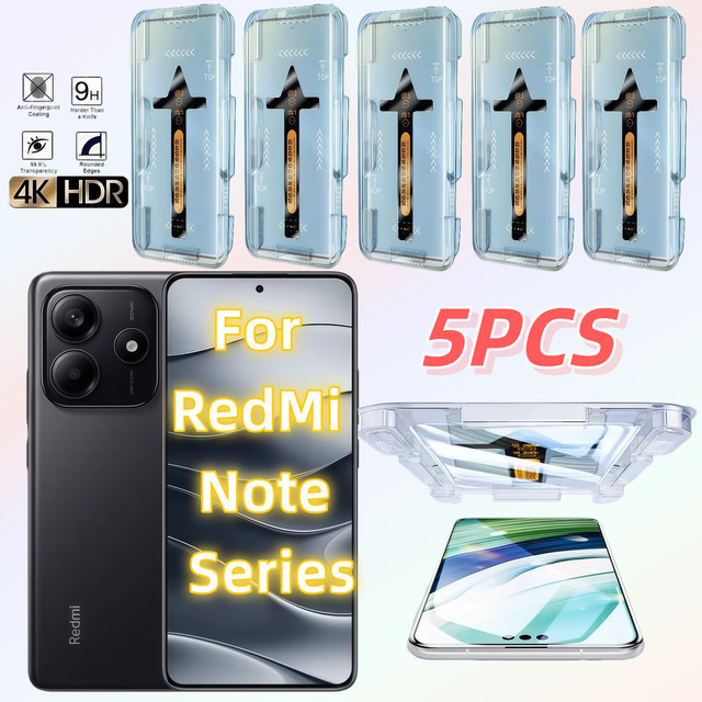 5 Stück gehärtete Glas Displayschutzfolie für Xiaomi Redmi Note 13 14 15 Pro Plus inklusive Installationsset, transparent - Bild 1