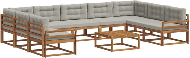 vidaXL Outdoor-Sofagarnitur aus Akazienholz in L-Form mit 10-teiligem Set, Farbe Natur und Hellgrau - Bild 1