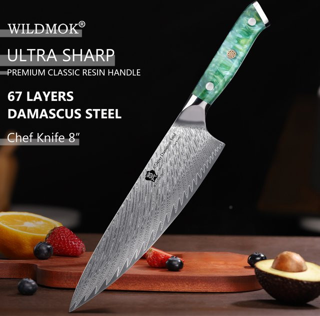 WILDMOK Japanisches Kochmesser aus Damaskus VG10-Stahl mit grünem Harzgriff, 20,32 cm - Bild 1