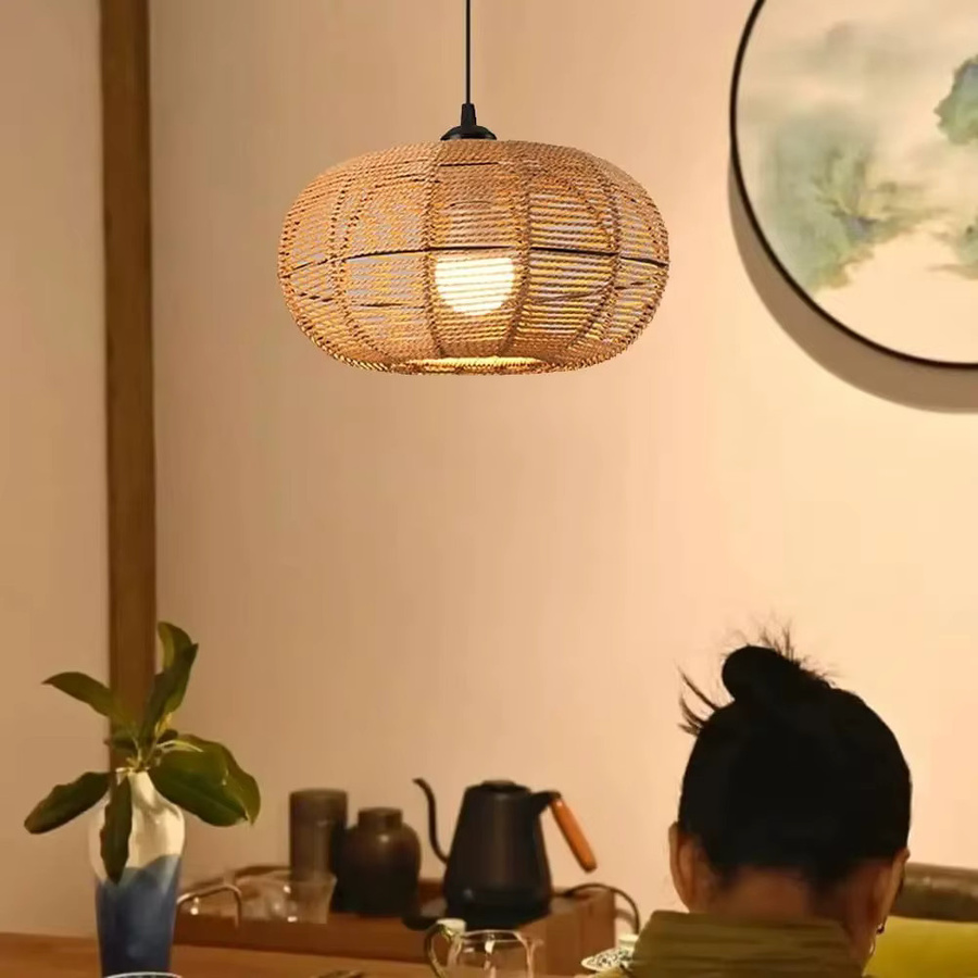 JOYINLED Rattan Kronleuchter im Vintage Zen Stil, Hängelampe aus Holz in Braun mit E27 Fassung und warmweißem LED Licht - Bild 2