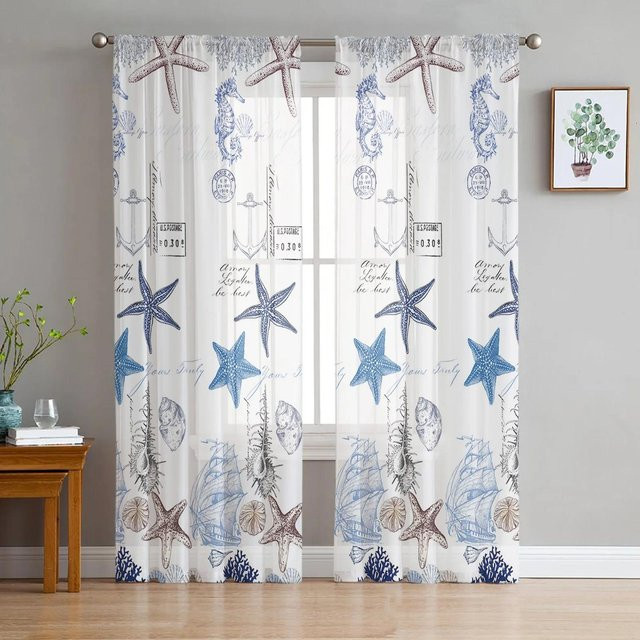 Yiran Furniture Transparente Tüll-Vorhänge mit Marine-Motiv Muscheln Seesterne und Seepferdchen, Weiß, B: 135 cm, H: 274 cm, 2er-Set - Bild 1