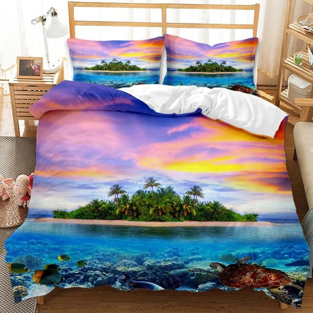 Bettwäsche Set Your Warm Home Strand Motiv in Marineblau mit 3D Meereswellen und Seesternen, 2-teilig aus Polyester, B/H: 135 x 200 cm, B/H: 50 x 70 cm - Bild 1