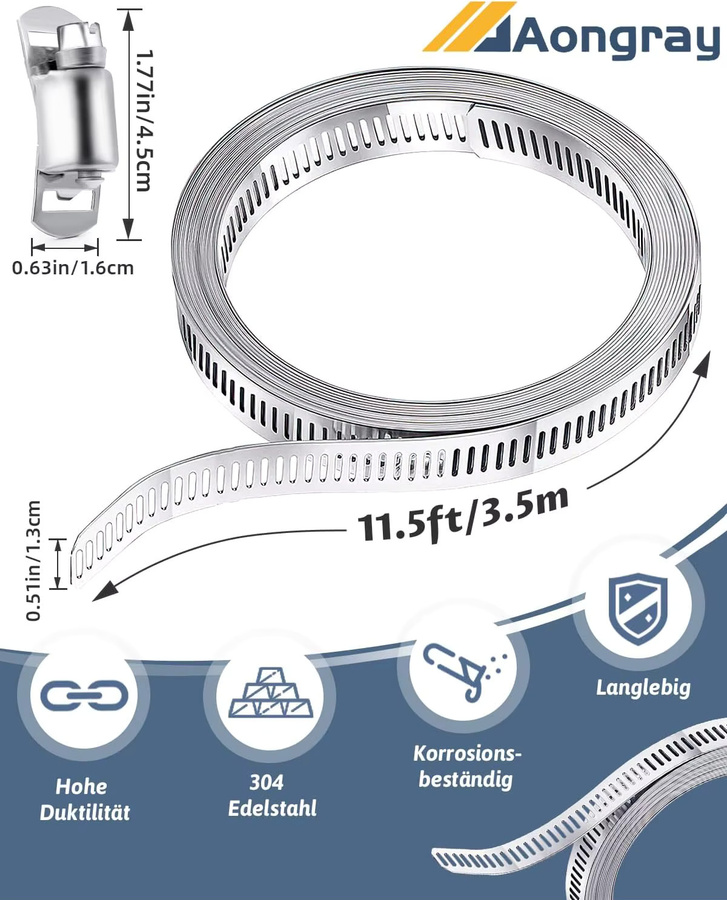 Schlauchschellen-Sortiment-Kit aus 304 Edelstahl in Silber mit 30 m zuschneidbarem Metallband und 12 verstärkten Befestigungselementen mit verstellbarem Schneckengetriebe - Bild 2
