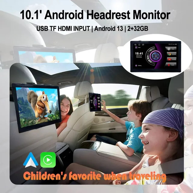 Icreative Android 13 Auto Kopfstütze Monitor mit 10,1 Zoll HD Display, Apple CarPlay, Bluetooth und HDMI-Eingang, Schwarz - Bild 1