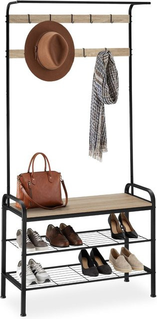 tectake Garderobenständer Alberta Industrial Style mit Sitzfläche und 9 Haken, Eiche Sonoma, B/T/H: 85,5 x 36 x 184 cm - Bild 1