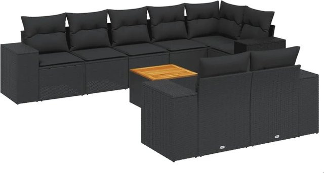 vidaXL 9-teilige Garten-Sofagarnitur mit Kissen aus Poly-Rattan und Akazienholz in Schwarz - Bild 1
