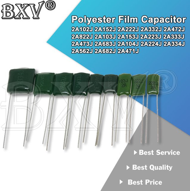 BXV Polyester Folienkondensator 100V in Grün, 50 Stück (verschiedene Kapazitäten) - Bild 1