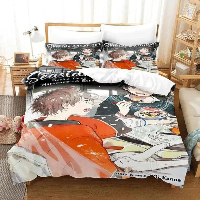 Seaside Stranger 3D-Druck Bettwäsche-Set mit Cartoon Anime Motiv, dreiteiliges Schlafzimmer-Set mit Reißverschluss, Breite: 133 cm, Länge: 200 cm (Hinweis: Die Angabe 70x133cm im Original wurde als Maß für den Bezug interpretiert, sofern dies die Breite/L - Bild 1