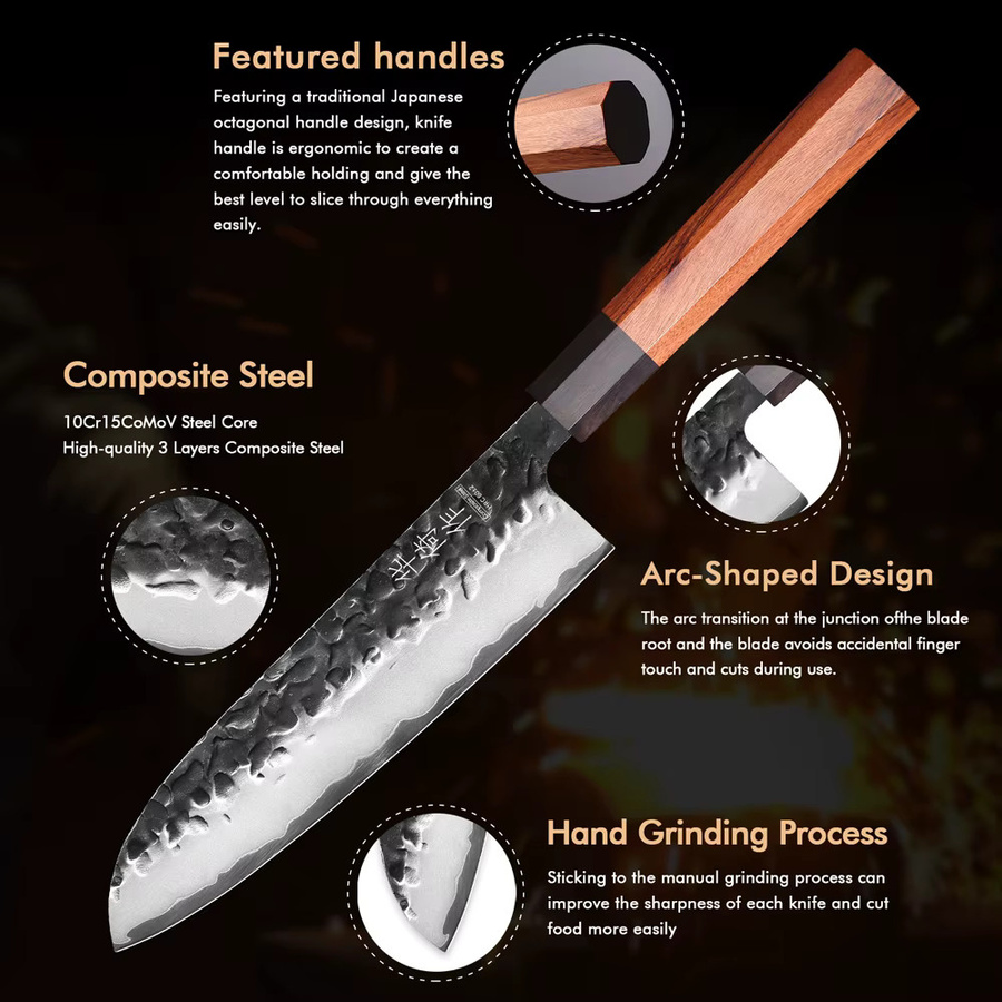 HUAYIGRAND Santoku Kochmesser aus handgeschmiedetem 3-lagigem Verbundstahl, 19,05 cm, Silber - Bild 3