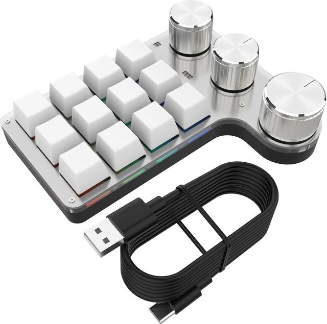 BC Electrical Appliances Bluetooth Makropad mit 12 Tasten und RGB-Beleuchtung, mechanische Hotswap-Tastatur mit Red Switches in Weiß - Bild 1