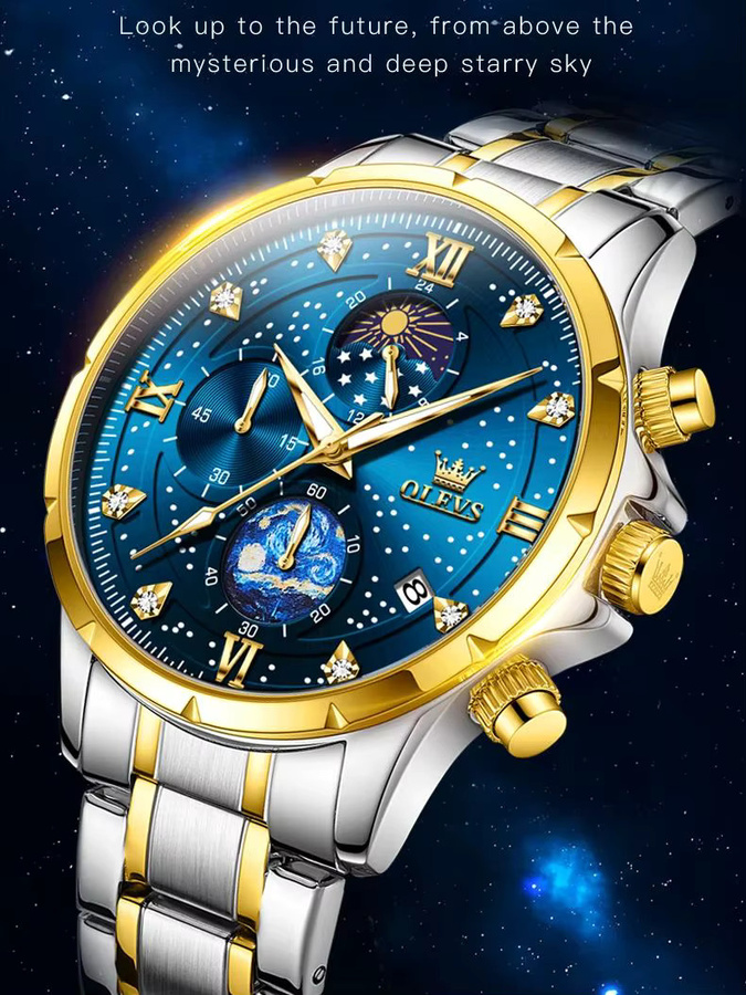 OLEVS Chronograph, Edelstahl, Bicolor, Blau, Herren - Bild 6