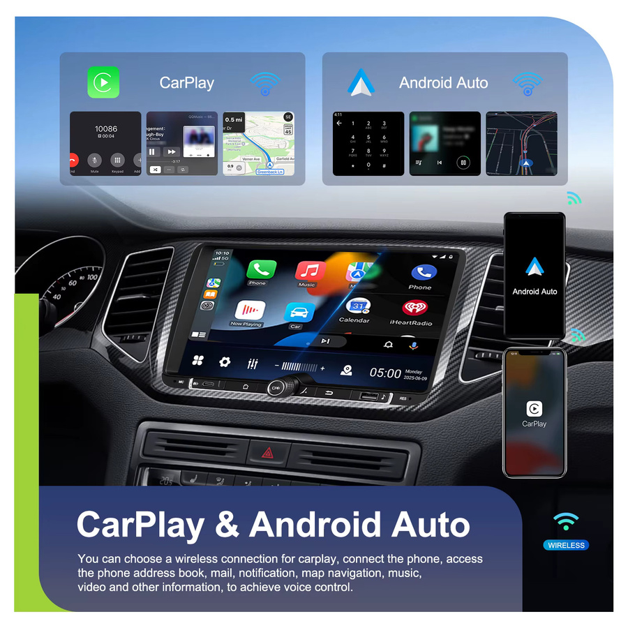 Podofo 9 Zoll Android Autoradio mit 4 GB RAM und 64 GB Speicher, Wireless CarPlay und Android Auto, Schwarz, mit GPS, Bluetooth, WiFi und DSP Multimedia Player für dein Fahrzeug - Bild 3