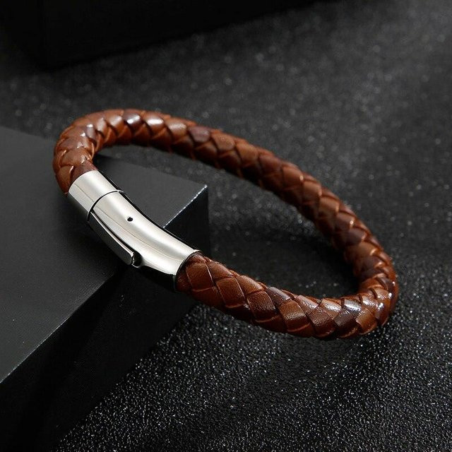 Allbestart Armband, Lederband geflochten, Edelstahl, Braun, Blau, Herren, 21,5 cm - Bild 1