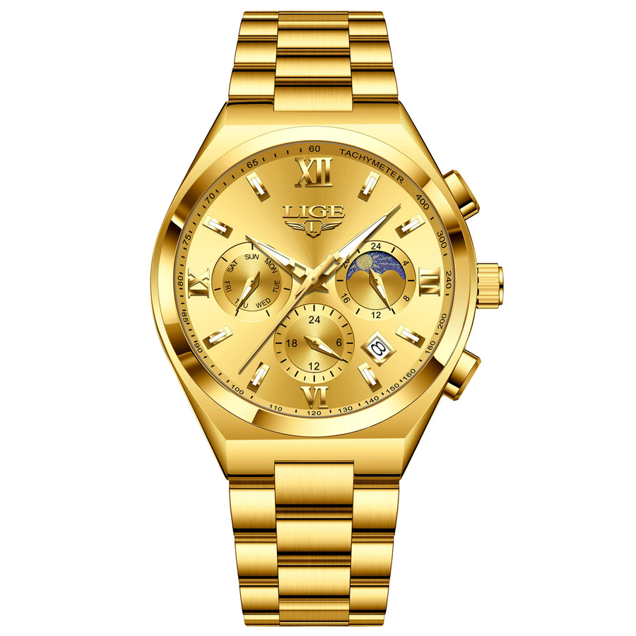 LIGE Armbanduhr, Quarz, Edelstahl, Gold, Herren, Mondphase, 3 ATM - Bild 7