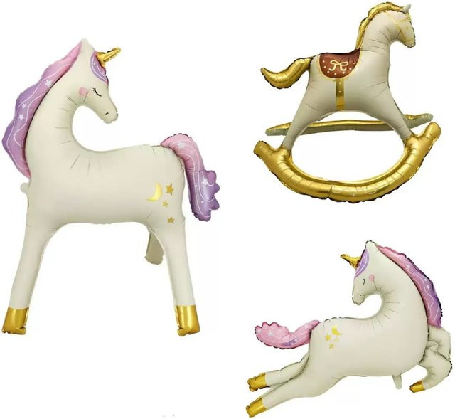 FEMAILY 3D stehende Aluminiumfolienballons mit Retro Einhorn und Holzpferd Motiv für deine Geburtstagsfeier in Multicolor - Bild 1