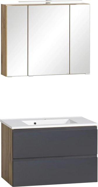 Held Möbel Waschtisch-Set Ancona 2-tlg. modern in matt Grau-Wotaneiche mit Spiegelschrank, LED-Beleuchtung und Rasierersteckdose - Bild 1