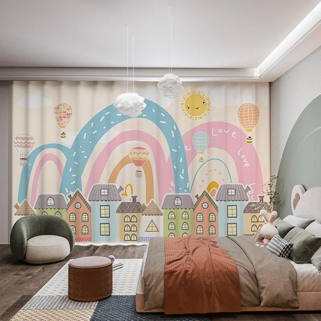 Verdunkelungsvorhänge für das Kinderzimmer von Yiran Furniture mit Cartoon Einhorn und Regenbogen Motiv in Rosa und Mehrfarbig, B: 55 cm, H: 120 cm, 2er-Set inklusive Haken - Bild 1