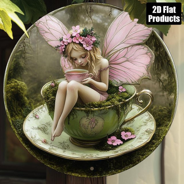 Potdemiel Rundes Aluminiumschild Verzauberte Fee mit Blumen in Pink, Vintage Wanddeko Durchmesser: 20 cm - Bild 1