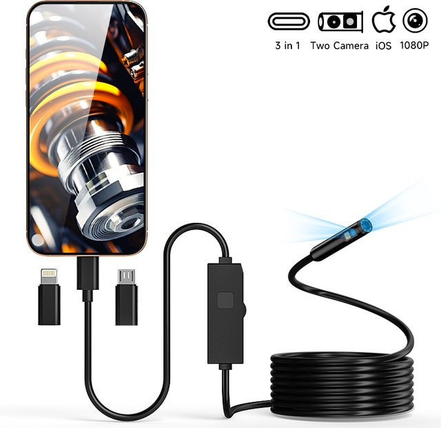 ZEMICAM 3-in-1 Endoskop mit Dual-1080P-Kamera für iPhone, Android und Type-C, IP67 wasserdichte Inspektionskamera in Schwarz - Bild 1