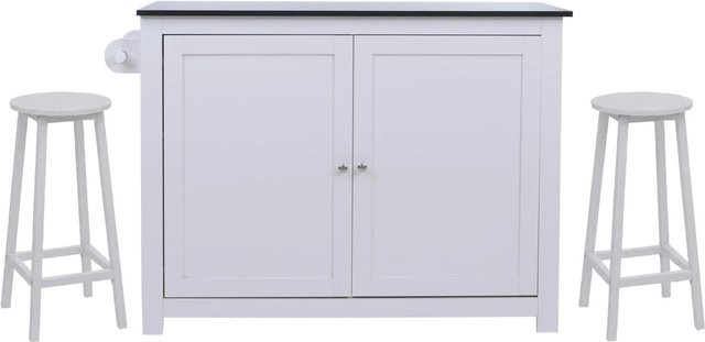 Kücheninsel MCW-P61 mit 2 Sitzhockern und Staufächern aus MDF, Farbe Weiß und Schwarz in Marmor-Optik, B/T/H: 120 x 90 x 45 cm - Bild 2