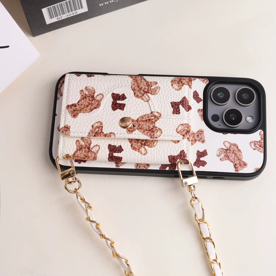 Kunstleder-Brieftaschenhülle mit Bärenmuster für iPhone 17, 16, 15 inklusive Kartenhalter, Spiegel und Umhängetasche mit Kettenriemen - Bild 5