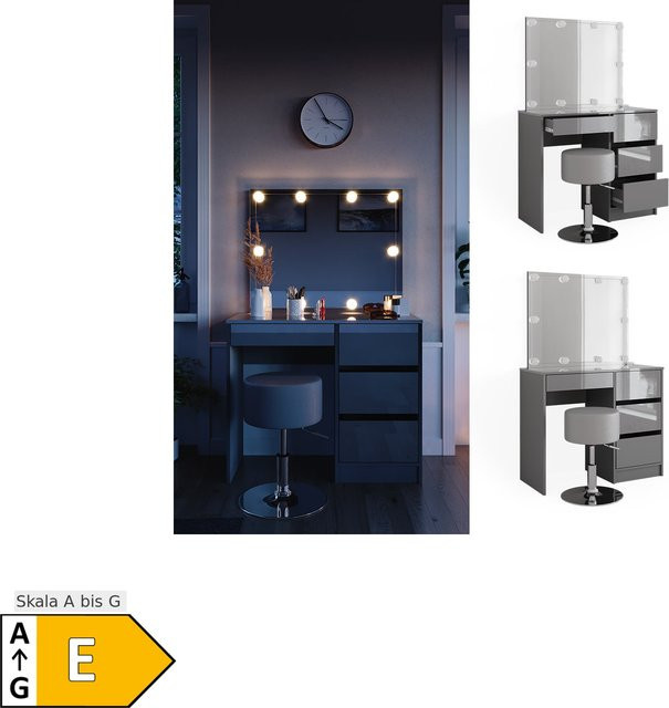 Vicco Schminktisch Sherry Grau Hochglanz mit LED Beleuchtung, Spiegel und Hocker, B: 90 cm, H: 75 cm, T: 40 cm - Bild 1