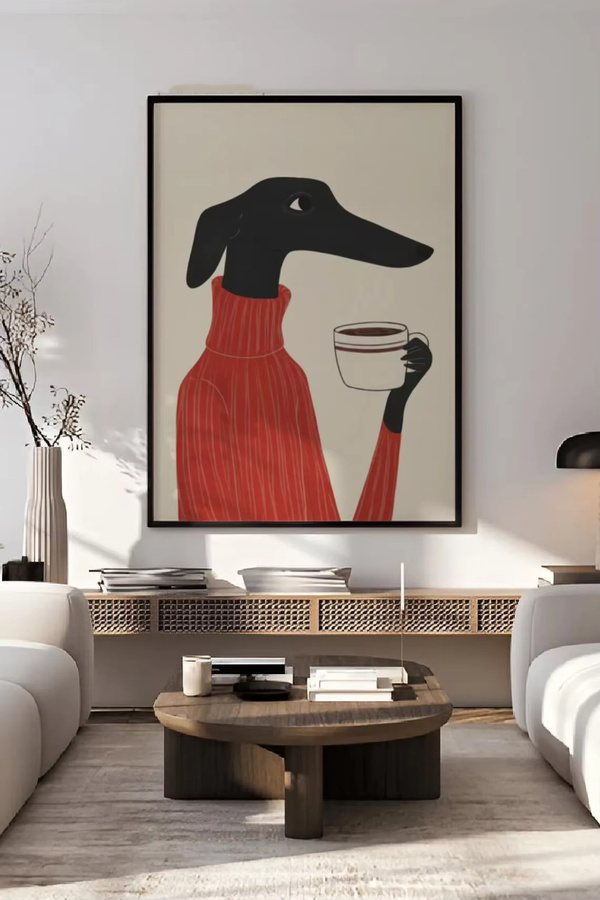 SHENCHEN Retro-Chic Wandbild mit schwarzem Hund im roten Rollkragenpullover und Kaffeetasse, minimalistischer Print auf Papier - Bild 4