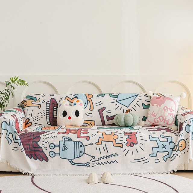 Super Six Sofa-Vollabdeckung aus Baumwolle im Waffel-Stil, beige, B/T: 180 x 130 cm - Bild 1