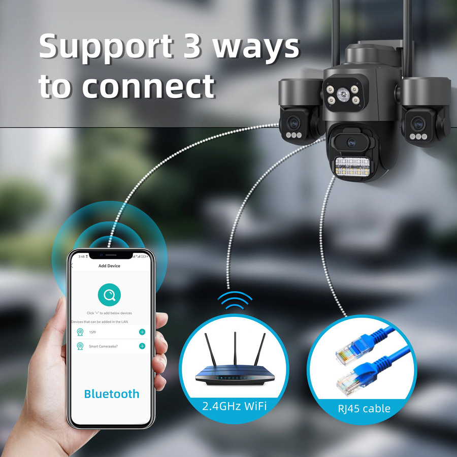 DiFang iCsee Outdoor WiFi Überwachungskamera mit drei Objektiven und drei Bildschirmen, PTZ 360° Rotation, Auto Tracking, Wasserdicht, Schwarz - Bild 4