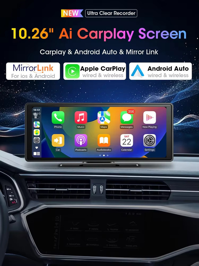 JMCQ Tragbarer 10,26 Zoll Wireless Carplay Multimedia-Videoplayer mit Android Auto, Bluetooth, FM und AUX in Schwarz - Bild 5