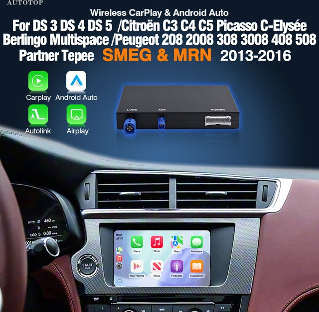 AUTOTOP Wireless CarPlay und Android Auto Adapter für Peugeot Citroen DS3 DS4 DS5 SMEG 208 2008 308 3008 408 508 C3 C4 C5 Partner Tepee, Schwarz - Bild 1