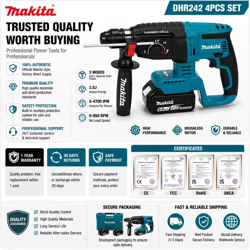 Makita DHR242 Akku-Bohrhammer 18V mit bürstenlosem Motor, 3-Modus-Funktion und 4700 IPM für Beton, inklusive 6Ah Akku - Bild 4