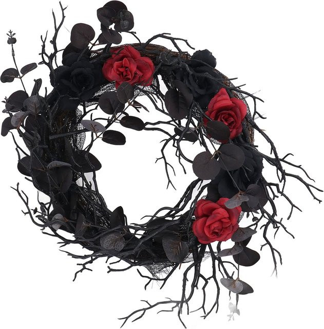 mfySpace Halloween Kranz mit roten Blumen und schwarzen Zweigen aus ABS zur Dekoration - Bild 1