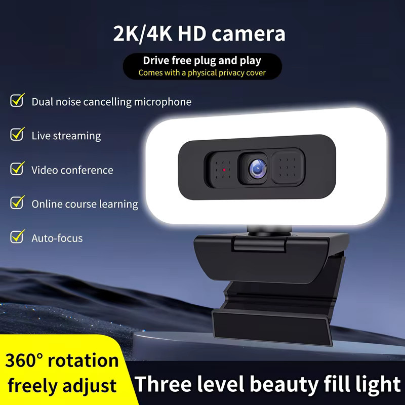 EOENKK Webcam mit Full HD 2K 4K Auflösung, Autofokus und Mikrofon sowie integriertem Licht in Weiß - Bild 2