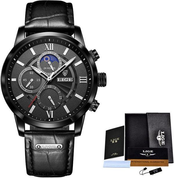 LIGE Chronograph, Mondphase, Quarz, Edelstahl, Leder, Schwarz, Herren - Bild 1