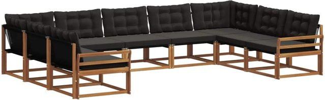 vidaXL Outdoor-Sofagarnitur 9-teilig in U-Form aus Akazienholz mit Textilene und Kissen, Schwarz/Natur - Bild 1