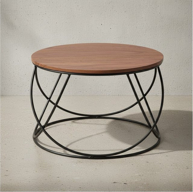 KADIMA DESIGN Industrieller Couchtisch aus rundem Sheesham-Massivholz in Braun mit Edelstahlgestell, B/T/H: 60 x 40 x 60 cm - Bild 1