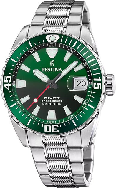 Festina Herrenuhr, Quarz, Edelstahl, Saphirglas, 41 mm, Grün, 20 ATM - Bild 1