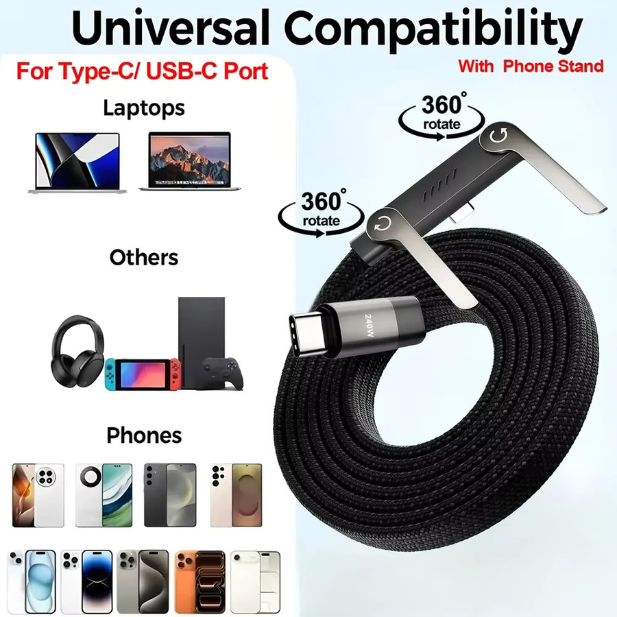 OIITH Typ-C zu Typ-C Ladekabel mit 240W und faltbarem Handyhalter in Schwarz und Orange - Bild 4