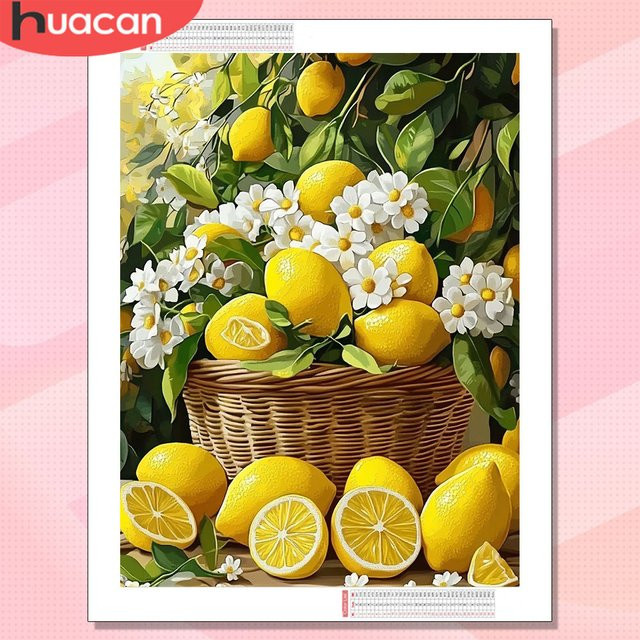 HUACAN Diamant-Mosaik Kunstwerk Zitronen-Frucht-Küchen-Landschaft in Mehrfarben, Rundes Tischdeko-Bild mit Blumen-Motiv, Durchmesser: 30 cm - Bild 1