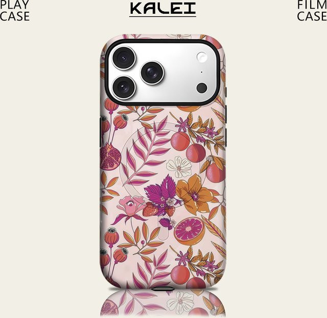 Potdemiel Robuste Handyhülle mit Frucht- und Blumenmuster für iPhone 17 16 15 14 13 Pro Max Plus, Magnetisch, Zweilagig, Rosa/Mehrfarbig - Bild 1