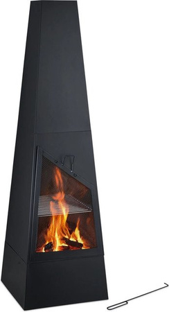 Relaxdays Gartenkamin Chiminea aus Stahl in Schwarz mit Grillfunktion, Höhe: 149 cm, Breite: 44,5 cm, Tiefe: 44,5 cm