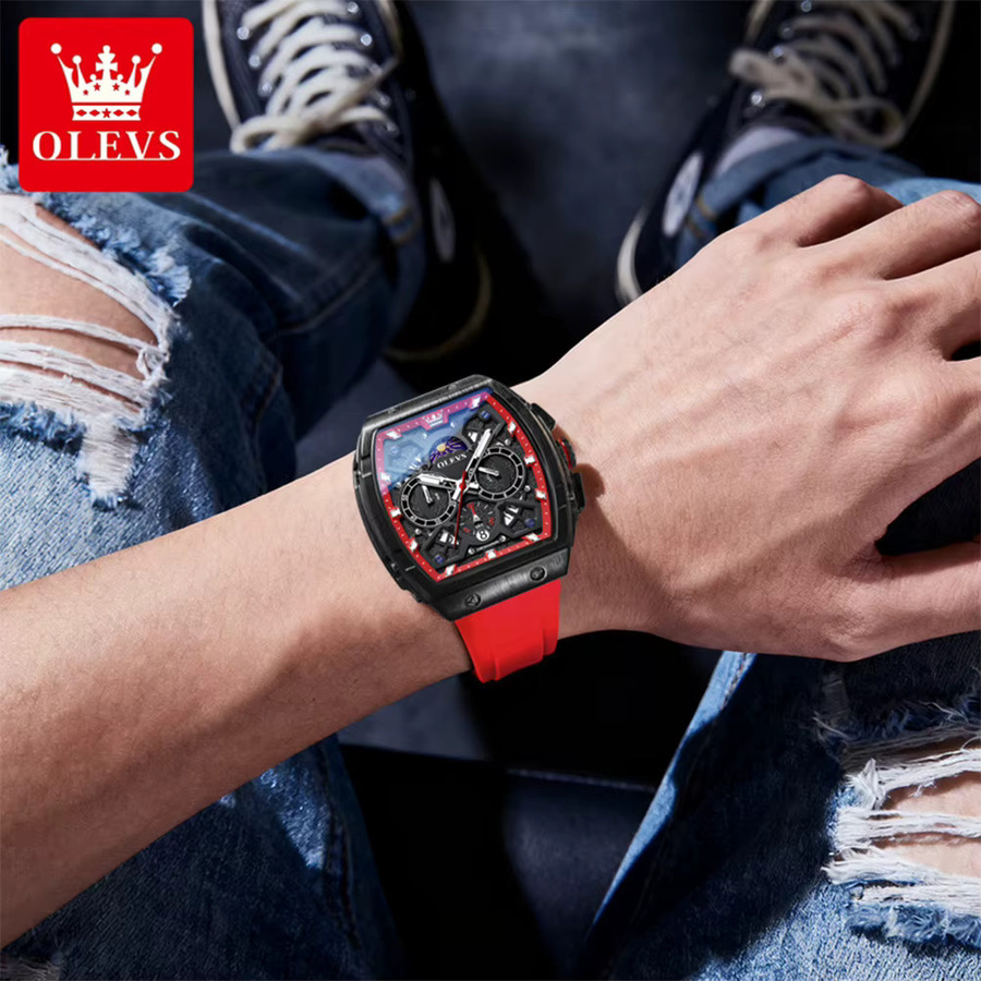 OLEVS Chronographen-Armbanduhr, Quarz, Silikon, Schwarz, Herren - Bild 3