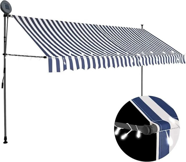 vidaXL Einziehbare Markise Handbetrieben mit LED, Blau und Weiß, Breite: 400 cm, Ausladung: 160 cm - Bild 1