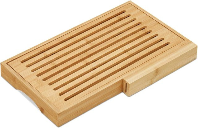 Relaxdays Brotschneidebrett aus Bambus in Natur mit Krümelfach und Messer, B/T/H: 40 x 24 x 4 cm, Braun - Bild 1