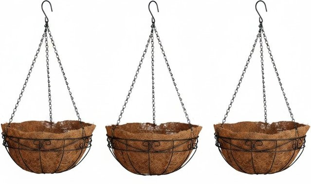 Relaxdays Blumenampel aus Metall mit Kokoseinlagen in Braun, 3-teilig, Höhe: 65 cm, Breite: 35 cm, Tiefe: 35 cm - Bild 1