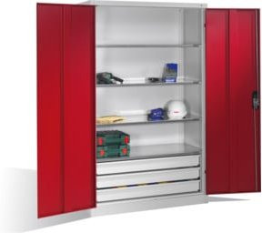 C+P Werkzeugschrank mit Drehtüren, 4 Böden und 3 Schubladen, Front Rubinrot, Korpus Lichtgrau, H: 195,0 cm, B: 120,0 cm, T: 50,0 cm - Bild 1