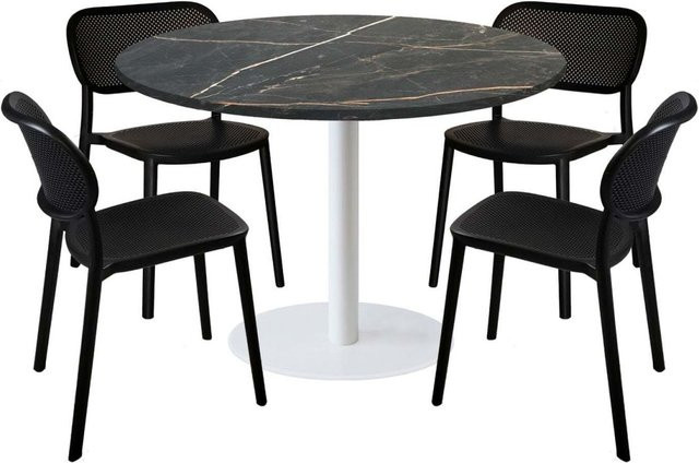 RestooTab Esstisch-Set Rome XL mit 4 Stühlen, runder Esstisch in Dekor Stein, schwarz/gold/marmoriert mit schwarzem Gestell, Breite: 120 cm, Tiefe: 120 cm, Höhe: 75 cm - Bild 1
