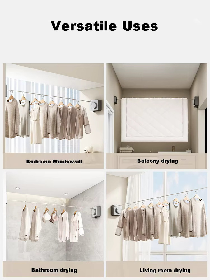 Ausziehbare und zusammenklappbare Wand-Wäscheleine aus Edelstahl in Silber und Weiß für den Innenbereich - Bild 3